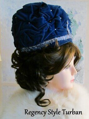 REGENCY TURBAN, BLUE w SILVER BLING & PEARLS, HAT for JANE AUSTEN ERA BALL